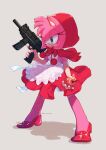  2023 5_fingers amy_rose anthro apple apron b.b._hood capcom clothing cosplay crossover crossover_cosplay darkstalkers dress eulipotyphlan female fingers food footwear fruit green_eyes gun hedgehog hi_res holding_food holding_gun holding_object holding_weapon lipstick makeup mammal narrowed_eyes plant ranged_weapon sa_ssssa sega signature simple_background smile solo sonic_the_hedgehog_(series) weapon 