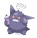  commentary confused cup disposable_cup flyingrotten frown full_body gengar grimace_shake_(meme) highres holding holding_cup meme no_humans pokemon pokemon_(creature) simple_background standing teeth white_background 