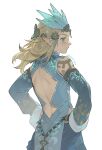  1boy arm_tattoo back_cutout blonde_hair blue_eyes clothing_cutout from_behind frostbite_set_(zelda) hands_on_own_hips highres kushami_deso link long_hair looking_at_viewer looking_back official_alternate_costume pointy_ears solo tattoo the_legend_of_zelda the_legend_of_zelda:_tears_of_the_kingdom tiara upper_body 