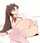  1boy 1girl absurdres black_bow blue_eyes bow breasts brown_hair commentary disembodied_penis fate/stay_night fate_(series) hair_intakes hetero highres lit_silium long_hair nipples on_bed panties penis pink_panties pink_thighhighs sex striped striped_panties thighhighs tohsaka_rin two_side_up underwear white_background 