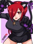  1girl animal_ears bell black_sweater breasts cat_ears cat_tail claw_pose collar cosplay fake_animal_ears fake_tail fang gloves hair_over_one_eye hamu_agaki highres jewelry looking_at_viewer miniskirt neck_bell necklace orange_eyes parasoul_(skullgirls) parted_bangs red_hair red_lips skirt skullgirls solo sweater tail turtleneck turtleneck_sweater 