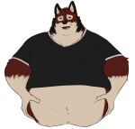  2023 anthro belly belly_grab big_belly black_clothing black_nose black_shirt black_t-shirt black_topwear canid canine canis clothing echo_(game) echo_(series) echo_project fur hand_on_stomach hands_on_belly holding_stomach hyenacakes leo_alvarez looking_at_viewer male mammal moobs multicolored_body multicolored_fur navel obese obese_anthro obese_male open_mouth overweight overweight_anthro overweight_male red_body red_eyes red_fur red_tongue shirt simple_background solo t-shirt teeth tongue topwear white_background wolf 