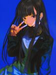  1girl black_eyes black_hair black_jacket blue_background blunt_bangs closed_mouth cowboy_shot dress fishnets grey_dress hand_up highres jacket john_kafka long_hair long_sleeves mole mole_under_eye open_clothes open_jacket original simple_background smile solo v 