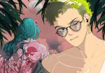  1boy 1girl absurdres aqua_hair back cloud cloudy_sky earrings evening flower full_moon glasses green_hair hair_flower hair_ornament hair_stick highres japanese_clothes jewelry kouzuki_hiyori leaf long_hair looking_at_viewer moon one_eye_closed one_piece outdoors roronoa_zoro scar scar_across_eye scar_on_chest scar_on_face short_hair single_earring sky teeth traditional_clothes ugh_mei 