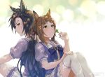  2girls air_shakur_(umamusume) animal_ears back_bow black_hair blurry blurry_background blush bow brown_hair chikabo_m closed_mouth clover_hair_ornament commentary_request ear_ornament fine_motion_(umamusume) green_eyes hair_ornament holding_clover horse_ears horse_girl knees_up long_hair multiple_girls petticoat pleated_skirt puffy_short_sleeves puffy_sleeves purple_bow sailor_collar school_uniform short_sleeves skirt smile summer_uniform thighhighs tracen_school_uniform twitter_username umamusume very_long_hair white_skirt white_thighhighs yellow_eyes 