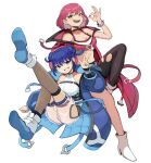  2girls bare_shoulders blue_hair bracelet breasts candy double_bun duel_monster evil_twin_ki-sikil evil_twin_lil-la food full_body hair_bun high_heels holding holding_candy holding_food ishii_(young-moon) jacket jewelry ki-sikil_(yu-gi-oh!) kneehighs large_breasts leotard lil-la_(yu-gi-oh!) long_sleeves medium_hair multiple_girls official_alternate_costume open_clothes open_jacket open_mouth pantyhose pink_hair puffy_sleeves purple_eyes see-through_shorts shoes short_hair single_leg_pantyhose socks spiked_bracelet spikes torn_clothes torn_pantyhose white_background white_footwear yellow_eyes yu-gi-oh! 