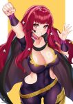  1girl absurdres ass_visible_through_thighs belt black_cape breasts cape choker cleavage commentary_request covered_navel cowboy_shot facial_mark fire_emblem fire_emblem_engage grin hand_up highres large_breasts long_hair looking_at_viewer nail_polish nez-box pink_choker purple_nails red_eyes red_hair smile solo standing star_(symbol) thighs very_long_hair yellow_belt yunaka_(fire_emblem) 