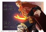  1boy artist_request black_clover:_sword_of_the_wizard_king blurry blurry_background cape copyright_name countdown english_text facial_mark feet_out_of_frame flaming_arm forehead_mark frown fuegoleon_vermillion highres long_hair looking_ahead male_focus official_art official_style orange_hair red_cape serious solo 