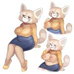  aggretsuko ailurid anthro bottomwear breasts clothing ear_piercing eyewear female footwear gem glasses invalid_color jewelry looking_at_viewer mammal mature_female necklace pearl_(gem) pearl_necklace piercing red_panda retsuko&#039;s_mother sanrio shoes skirt smile solo sweater tail tight_clothing topwear undressing xu53r 