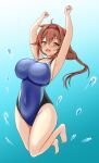 1girl ahoge armpits bare_legs black_one-piece_swimsuit blue_background blue_one-piece_swimsuit blush breasts brown_eyes brown_hair competition_swimsuit covered_navel full_body gradient_background hair_flaps hairband highres impossible_clothes impossible_swimsuit jumping kantai_collection large_breasts long_hair looking_at_viewer montemasa multicolored_clothes multicolored_swimsuit one-hour_drawing_challenge one-piece_swimsuit open_mouth red_hairband shiratsuyu_(kancolle) shiratsuyu_kai_ni_(kancolle) solo swimsuit two-tone_swimsuit water_drop 