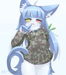  2023 5_fingers absurd_res ahoge anthro biped blue_body blue_ears blue_fur blue_hair blue_inner_ear blue_tail bottomless bottomless_anthro bottomless_female brown_clothing brown_shirt brown_topwear camo camo_clothing camo_print camo_topwear cat_teaser cat_toy clothed clothing colored countershade_face countershade_fur countershade_hands countershade_legs countershading digital_drawing_(artwork) digital_media_(artwork) domestic_cat eyelashes featureless_crotch felid feline felis female fingerpads fingers flat_chested forked_tail front_view fur glistening glistening_eyes glistening_hair hair heterochromia hi_res hip_tuft humanoid_hands inner_ear_fluff japan_air_self-defense_force japanese_text kamishiro_kuina kemono long_hair looking_at_viewer male_(lore) mammal monotone_ears monotone_hair monotone_tail multicolored_body multicolored_fur neck_tuft omaneko_(jasdf) pattern_clothing pattern_topwear pawpads pink_nose pink_pawpads portrait pupils red_eyes shaded shirt simple_background slit_pupils solo standing tail text three-quarter_portrait topwear tuft two_tone_body two_tone_fur unusual_anatomy unusual_tail white_background white_body white_countershading white_fur white_inner_ear_fluff yellow_eyes 