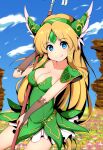  1girl absurdres armor blonde_hair blue_eyes blue_sky breasts bridal_gauntlets bright_pupils cleavage closed_mouth cloud collarbone day dress field flower flower_field forehead_jewel gem green_armor green_dress green_gemstone highres holding holding_polearm holding_weapon kredorf legs_apart long_hair looking_at_viewer medium_breasts outdoors parted_bangs pauldrons pink_flower polearm riesz seiken_densetsu seiken_densetsu_3 short_dress shoulder_armor sky smile solo spear split_mouth standing strapless strapless_dress very_long_hair weapon white_flower white_pupils yellow_flower 