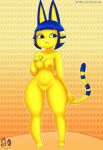  2023 alternate_version_at_source animal_crossing ankha_(animal_crossing) anthro blue_hair bottom_heavy breasts domestic_cat featureless_crotch felid feline felis female front_view full-length_portrait hair hand_on_breast hi_res mammal nintendo nipples nude portrait solo souley69 standing wide_hips yellow_body 