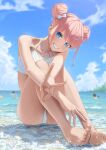  1girl barefoot beach bikini blue_eyes blue_sky blurry blurry_background bow cloud day double_bun earrings feet hair_bow hair_bun hara_kenshi highres jewelry looking_at_viewer ocean original outdoors pink_hair short_hair sky smile solo_focus swimsuit toes twintails v wet white_bikini white_bow 