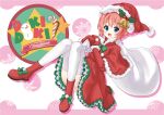  1girl absurdres bell blue_eyes boots christmas doki_doki_literature_club dress frilled_dress frills gloves hat highres holding holding_sack jingle_bell looking_at_viewer open_mouth red_hair sack santa_boots santa_costume santa_dress santa_gloves santa_hat sayori_(doki_doki_literature_club) short_hair solo thighhighs thousand_(sentyuu89) white_thighhighs 