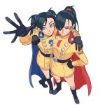  2girls arm_around_shoulder belt black_gloves blue_cape blue_eyes cape commentary dragon_ball dragon_ball_super dragon_ball_super_super_hero earrings english_commentary from_above full_body gamma_1 gamma_2 genderswap genderswap_(mtf) gloves hair_over_one_eye hand_on_own_hip highres humanization jenxd_d jewelry long_hair looking_up multiple_girls outstretched_hand ponytail red_cape simple_background skirt smile twintails white_background 