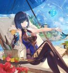  1girl alcohol aqua_eyes asymmetrical_gloves beach_chair blue_hair blue_sky bob_cut bottle breasts building closed_mouth cocktail_glass crossed_legs cup diagonal_bangs dice drinking_glass elbow_gloves feather-trimmed_jacket feet_out_of_frame fingerless_gloves flower food fruit fur-trimmed_jacket fur_trim genshin_impact gloves highres holding holding_cup jacket jacket_on_shoulders legs mismatched_gloves mole mole_on_breast neck_tassel orange_(fruit) outdoors outstretched_arm pier rudang single_elbow_glove sitting sky smile solo table tassel tassel_choker umbrella water wooden_table yelan_(genshin_impact) 