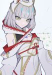  1girl animal_ear_fluff animal_ears bare_shoulders breasts brown_eyes cleavage closed_mouth commentary_request copyright_name facial_mark flower grey_background grey_hair haku_(yanhaku) highres hood hood_down looking_at_viewer nia_(xenoblade) petals ribbon_trim simple_background small_breasts solo white_flower xenoblade_chronicles_(series) xenoblade_chronicles_3 