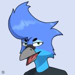  1:1 anthro avian avioylin beak blue_body blue_feathers bo_(boink) feathers headshot_portrait looking_at_viewer male open_mouth portrait simple_background solo tongue 