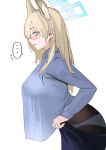  ... 1girl animal_ear_fluff animal_ears black_pantyhose blonde_hair blue_archive blue_eyes blue_shirt blue_skirt blush breasts dressing extra_ears from_side halo highres kandzume_(kandume200) kanna_(blue_archive) large_breasts long_hair long_sleeves panties panties_under_pantyhose pantyhose shirt shirt_overhang sideways_glance sideways_mouth skirt solo spoken_ellipsis underwear upper_body white_background white_panties 