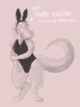  anthro bodily_fluids dialogue discodemon easter fake_ears fake_rabbit_ears female generation_7_pokemon hi_res holidays monochrome nervous_smile nintendo one_piece playboy_bunny pokemon pokemon_(species) reptile sadie_(discodemon) salandit scalie solo sweat tail 