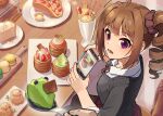  1boy 1girl black_pantyhose black_sweater blunt_bangs blush breasts brown_hair cake cellphone checkered_floor chocolate cookie crepe dessert dress_shirt drill_hair food from_above from_side fruit holding holding_food holding_phone holding_spoon ice_cream idolmaster idolmaster_million_live! idolmaster_million_live!_theater_days jewelry kamille_(vcx68) light_blush long_hair looking_at_viewer looking_to_the_side looking_up lower_teeth_only macaron medium_breasts nail_polish neck_ribbon open_mouth pantyhose pastry phone pink_nails plate pleated_skirt pov pov_hands purple_eyes purple_skirt red_ribbon ribbon ring school_uniform shirt sidelocks sitting skirt smartphone solo_focus spoon strawberry surprised sweater taking_picture teeth thief tile_floor tiles twin_drills whipped_cream white_shirt yokoyama_nao 