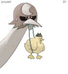  bag beak_hold bird bottle_cap diva_(hyxpk) duck duckling highres mouth_hold nervous_sweating numbered original ostrich simple_background sweat white_background 