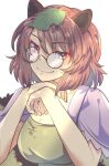  1girl brown_eyes brown_hair futatsuiwa_mamizou hands_up highres nayozane_(worker7) round_eyewear simple_background solo touhou upper_body white_background 