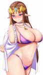  1girl alternate_costume anisdrawn artist_name bikini blue_eyes blush breasts brown_hair choker cleavage earrings english_commentary highres jewelry large_breasts long_hair looking_at_viewer navel necklace open_clothes open_shirt pointy_ears princess_zelda purple_bikini purple_choker shirt sidelocks smile solo swimsuit the_legend_of_zelda the_legend_of_zelda:_twilight_princess tiara triforce white_background white_shirt 