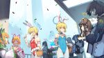  6+girls animal_ear_headphones animal_ears bare_legs bare_shoulders basket black_leotard blonde_hair blue_archive blue_eyes blue_leotard blush bow bowtie breasts brown_hair cat_ear_headphones chihiro_(blue_archive) covered_navel detached_collar detached_sleeves easter easter_egg egg fake_animal_ears fake_halo halo happy_easter headphones hibiki_(blue_archive) highleg highres holding holding_basket holding_egg jacket leotard long_hair medium_breasts midori_(blue_archive) momoi_(blue_archive) multiple_girls noa_(blue_archive) open_mouth orange_hair original pantyhose playboy_bunny ponytail rabbit_ears rabbit_girl rabbit_tail red_eyes red_leotard rou_(rou22) short_hair siblings sisters sparkle sweat sweating_profusely tail toki_(blue_archive) twins v wrist_cuffs yuuka_(blue_archive) 