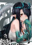  1girl ao_oni_(onioni-aoi) arknights bare_shoulders black_hair breasts calligraphy_brush chong_yue_(arknights) closed_mouth colored_skin dragon_girl dragon_horns dragon_tail dress dusk_(arknights) earrings gradient_skin green_hair green_skin hair_over_one_eye highres holding horns jewelry large_breasts ling_(arknights) long_hair looking_at_viewer lying multicolored_hair necktie nian_(arknights) on_stomach paintbrush pointy_ears red_eyes red_necktie sleeveless sleeveless_dress solo streaked_hair tail two-tone_hair upper_body very_long_hair white_dress 