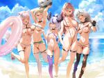  5girls absurdres animal_ears ball beach beachball bikini black_choker blonde_hair blue_eyes bow breasts cameltoe choker closed_eyes cloud commentary_request day demon_girl demon_horns demon_tail foot_out_of_frame green_eyes grey_hair hair_bow hairband hakui_koyori high_ponytail highres holding holding_ball holding_innertube hololive holox horns innertube kazama_iroha kuroi_suna la+_darknesss large_breasts long_hair medium_breasts micro_bikini multiple_girls navel nipples ocean open_mouth outdoors partially_visible_vulva pink_hair pussy pussy_peek red_eyes revealing_clothes sakamata_chloe sandals single_thighhigh slingshot_swimsuit small_breasts stomach swimsuit tail takane_lui thighhighs very_long_hair virtual_youtuber white_hair wolf_ears wolf_girl wolf_tail yellow_eyes 