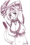  1girl :d adventurer_(ff11) animal_ear_fluff animal_ears armpits arms_up breasts cat_ears cat_girl cat_tail cleavage covered_nipples elbow_gloves facial_mark final_fantasy final_fantasy_xi fingerless_gloves gloves groin hair_intakes headband large_breasts looking_at_viewer midriff mithra_(ff11) monochrome navel neriwasabi open_mouth purple_theme short_hair simple_background smile solo tail teeth upper_teeth_only whisker_markings white_background 