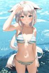  1girl animal_ears aqua_eyes bikini blush braid breasts ears_down fox_ears fox_girl fox_tail highres hololive long_hair looking_at_viewer medium_breasts navel open_mouth shirai_yu shirakami_fubuki side_braid stomach striped striped_bikini swimsuit tail virtual_youtuber water white_hair 