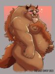  2023 anthro beast_(disney) belly big_belly blue_eyes blush body_hair chest_hair fangs genitals grin hand_on_stomach happy_trail hi_res horn looking_at_viewer male mammal manly moobs nake nipples overweight overweight_male penis pubes simple_background smile solo standing teeth the_last_envoy thick_thighs 
