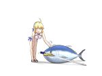  1girl ahoge animal artoria_pendragon_(fate) bikini blonde_hair breasts cleavage fate/grand_order fate_(series) fish headpat highres holding holding_weapon looking_at_animal mafty open_mouth saber sandals shadow smile solo swimsuit sword tuna weapon white_background white_bikini 