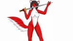  alfa_wolf10! anthro black_hair breasts canid canine canis chest_tattoo female flare_(alfa_wolf10!) fur green_eyes hair hi_res looking_at_viewer mammal melee_weapon multicolored_body red_body red_fur red_wolf simple_background solo sword tattoo two_tone_body weapon white_body white_fur wolf 