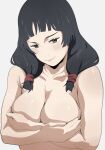 1girl bare_shoulders black_hair blunt_bangs breast_hold breasts brown_eyes cleavage closed_mouth collarbone completely_nude covering covering_breasts crossed_arms grey_background hair_over_shoulder highres iori_utahime jujutsu_kaisen large_breasts lips long_hair looking_at_viewer low_twintails makkori_(utoxrjimlx8x49s) nude sidelocks simple_background smile solo topless twintails upper_body white_background 