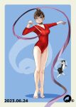  1girl blue_background blue_eyes border breasts brown_hair cat covered_nipples dated full_body glasses gymnastics hair_up leotard original q98780409 red_leotard rhythmic_gymnastics ribbon_baton simple_background small_breasts solo standing tiptoes toes white_border 