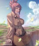  1girl artist_name arttoru belt breasts bug butterfly cloud english_text fishnet_top fishnets forehead_protector highres large_breasts long_sleeves mitarashi_anko naruto naruto_(series) open_clothes open_mouth open_shirt purple_hair solo watermark 