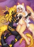  4_toes anthro antlers black_body black_nose blonde_hair breast_grab breasts dragon dragonfu duo enfield feathered_wings feathers feet female female/female freya_(hikarikurisu) fur hair hand_on_breast hi_res horn long_hair looking_at_viewer navel non-mammal_breasts nude scuted_arms scutes shandian striped_body stripes tail toes white_hair wings 