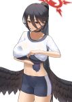  1girl absurdres black_bra black_choker black_wings blue_archive bra breasts choker clothes_lift feathered_wings gym_shirt gym_shorts gym_uniform halo hasumi_(blue_archive) hasumi_(gym_uniform)_(blue_archive) high_ponytail highres huge_breasts large_wings lifted_by_self long_hair lordol low_wings mole mole_under_eye official_alternate_costume red_eyes see-through see-through_shirt shirt shirt_lift shorts standing underwear wings wiping_sweat 