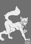  all_fours anthro athletic breasts canid fangs female hair hanging_breasts hi_res komolord looking_at_viewer mammal monochrome nipples simple_background solo tail teeth 