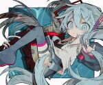  1girl :o bandaid bandaid_on_face bandaid_on_hand blue_eyes blue_hair blue_nails collared_shirt full_body grey_footwear grey_skirt grey_sleeves hair_ornament hairclip hands_up hatsune_miku highres knees_up long_hair looking_at_viewer muted_color open_mouth shirt skirt sleeveless sleeveless_shirt solo soresaki twintails very_long_hair vocaloid white_shirt 