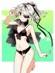  1girl barefoot breasts closed_mouth eyepatch feet full_body hair_ribbon long_hair looking_at_viewer nail_polish nier:automata nier_(series) ponytail ribbon saltysnow74 smile solo swimsuit v white_hair yorha yorha_type_a_no._4 