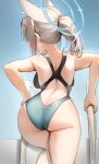  1girl absurdres animal_ears ass bad_anatomy bad_leg bare_arms bare_legs bare_shoulders black_one-piece_swimsuit blue_archive blue_halo extra_ears from_behind grey_hair halo highres medium_hair official_alternate_costume one-piece_swimsuit ponytail scarlet_(wv0102) shiroko_(blue_archive) shiroko_(swimsuit)_(blue_archive) solo swimsuit wolf_ears 