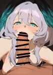  1boy 1girl aqua_eyes arknights armpits bar_censor black_background blurry blush censored commentary depth_of_field erection feathered_wings fellatio grey_hair hair_between_eyes head_wings hetero highres ho&#039;olheyak_(arknights) looking_at_viewer medium_hair open_mouth oral penis pov saliva san_p.dro simple_background solo_focus two-tone_wings upper_body wings 