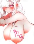  1girl absurdres blush body_writing breasts cropped_torso crossed_arms ear_blush end4end7 hair_ornament hair_over_one_eye hanging_breasts heart heart-shaped_pupils highres large_areolae large_breasts long_hair looking_at_viewer nijisanji nipples nose_blush nude pink_eyes sidelocks simple_background smile solo sukoya_kana symbol-shaped_pupils twintails virtual_youtuber white_background white_hair x_hair_ornament 
