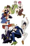  1girl 6+boys animal_print argyle argyle_sweater black_hair blonde_hair boots braid bruno_bucciarati chest_tattoo clothing_cutout giorno_giovanna grey_hair guido_mista hage_tashuumi hat headband highres jojo_no_kimyou_na_bouken ladybug_ornament leone_abbacchio midriff multiple_boys narancia_ghirga necktie pannacotta_fugo pink_hair side_slit sweater tattoo tiger_print trish_una vento_aureo 