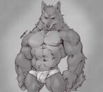  2022 abs angry_eyes anthro body_hair bulge canid canine canis cheek_tuft claws clothed clothing digital_drawing_(artwork) digital_media_(artwork) e-w01f facial_tuft front_view frown_eyebrows grey_background happy_trail head_tuft hi_res male mammal monochrome muscular muscular_anthro muscular_arms muscular_male navel nipples pecs portrait signature simple_background sketch solo three-quarter_portrait topless topless_anthro topless_male tuft underwear vein veiny_arms white_clothing white_underwear wolf 